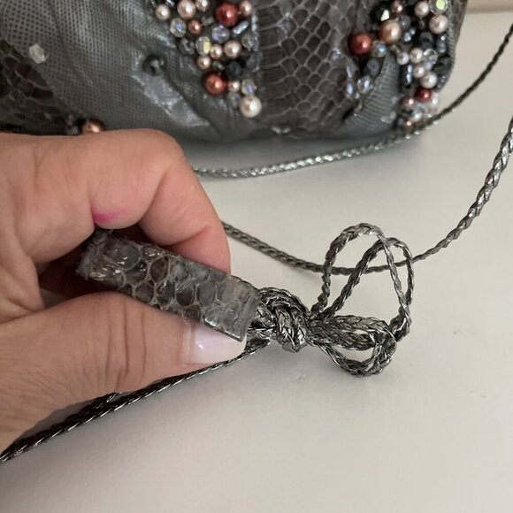 Grace Ann Agostino Embellished Evening Shoulder Bag Gray Leather Patchwork Beads - Picture 5 of 16